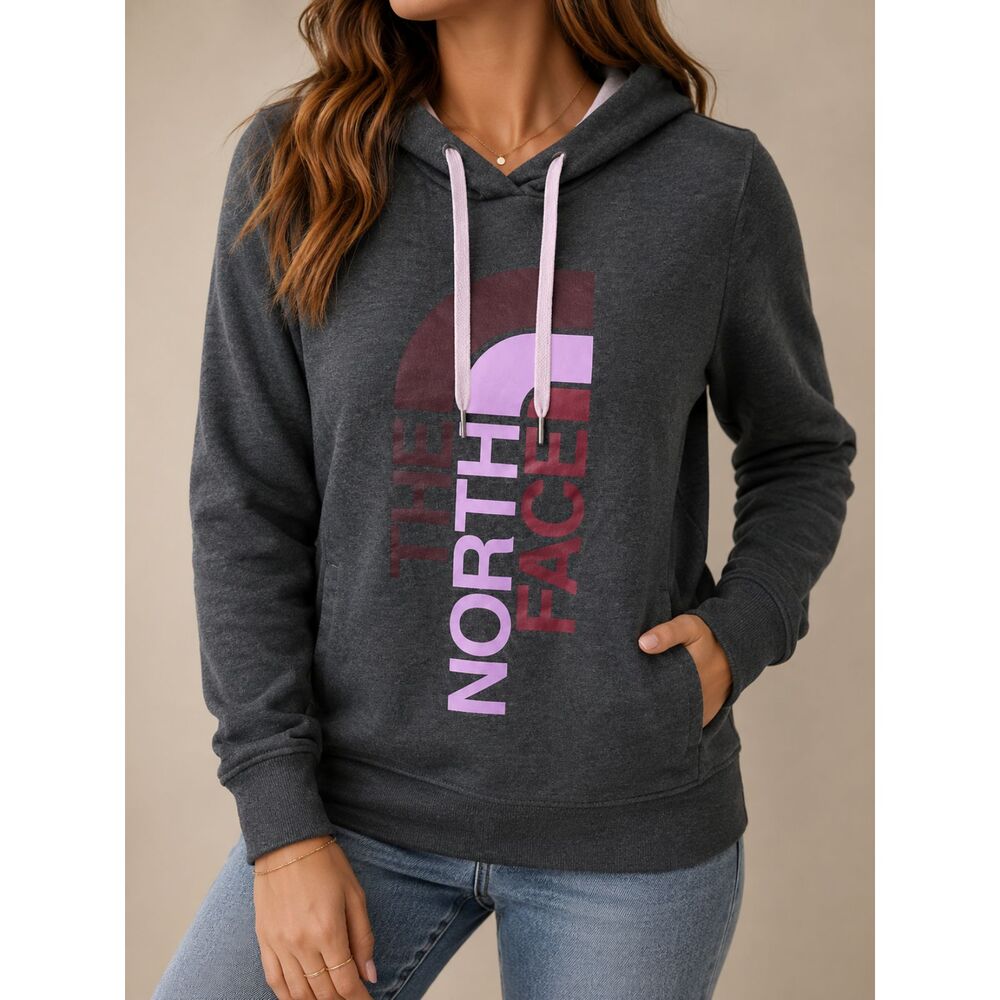 The North Face Women's Hoodie Gray Purple Logo Pullover Sweatshirt M Trailwear